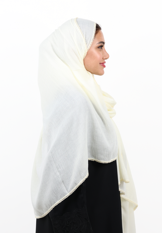 Premium Non-Slip Soft Cotton-Blend Scarf with Delicate Lace Trim (Creamy Soft Yellow / Buttercream)