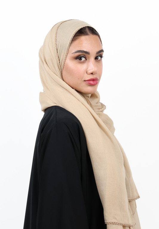 Premium Non-Slip Soft Cotton-Blend Scarf with Delicate Lace Trim (Light Brown / Warm Taupe)