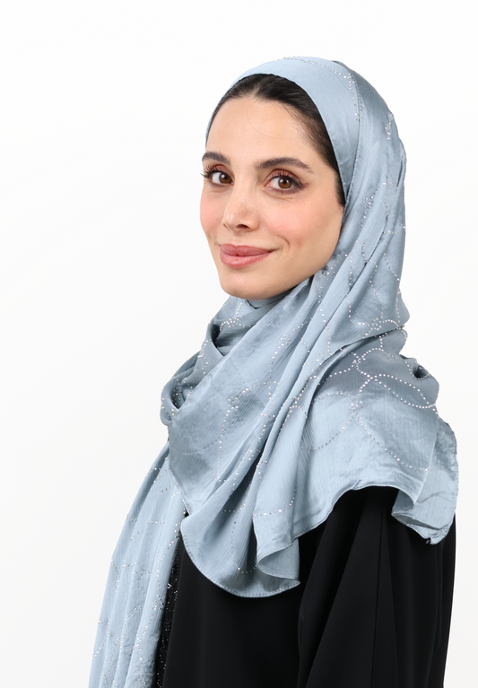 Powder Blue Textured Hijab Scarf with Crystal Detailing