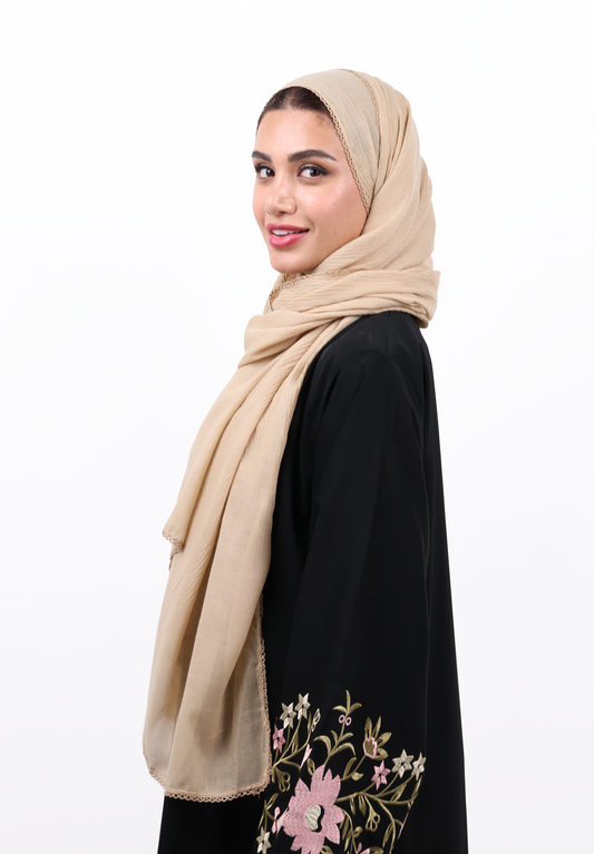 Sand Beige Textured Hijab Scarf with Delicate Crochet Edging