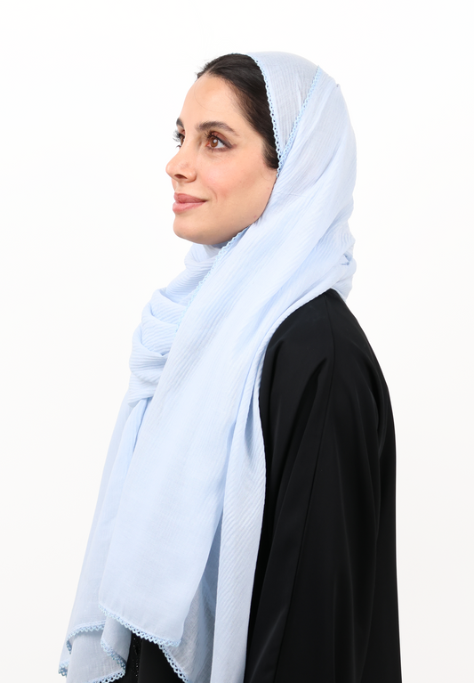 Ice Blue Textured Hijab Scarf with Delicate Crochet Edging