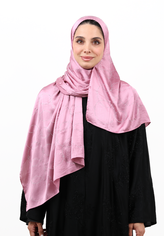 Luxury Muna Satin Embellished Scarf with Strass Detailing (Dusty Pink)