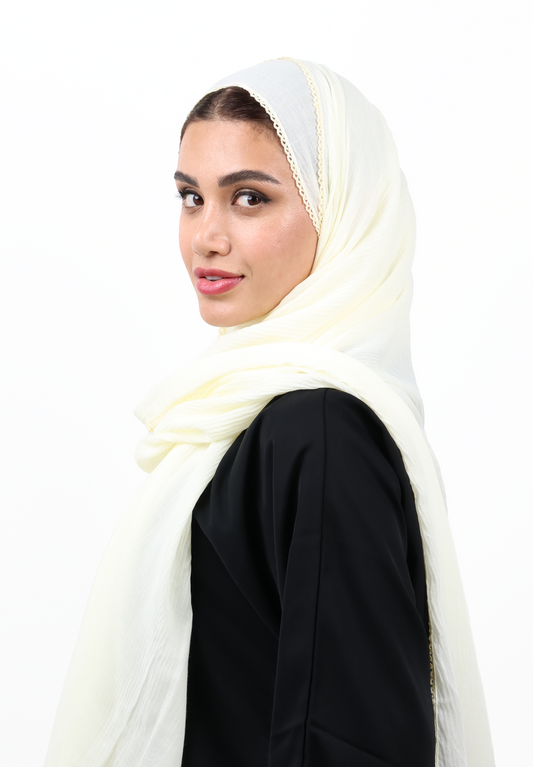 Ivory Textured Hijab Scarf with Delicate Crochet Edging