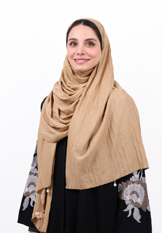 Camel Beige Textured Hijab Scarf with Pearl Drop Details
