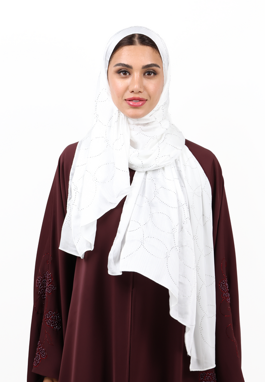 Luxury Muna Satin Embellished Scarf with Strass Detailing (Pure White)