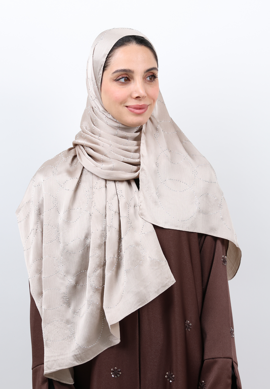 Luxury Muna Satin Embellished Scarf with Strass Detailing (Light Brown / Warm Taupe)