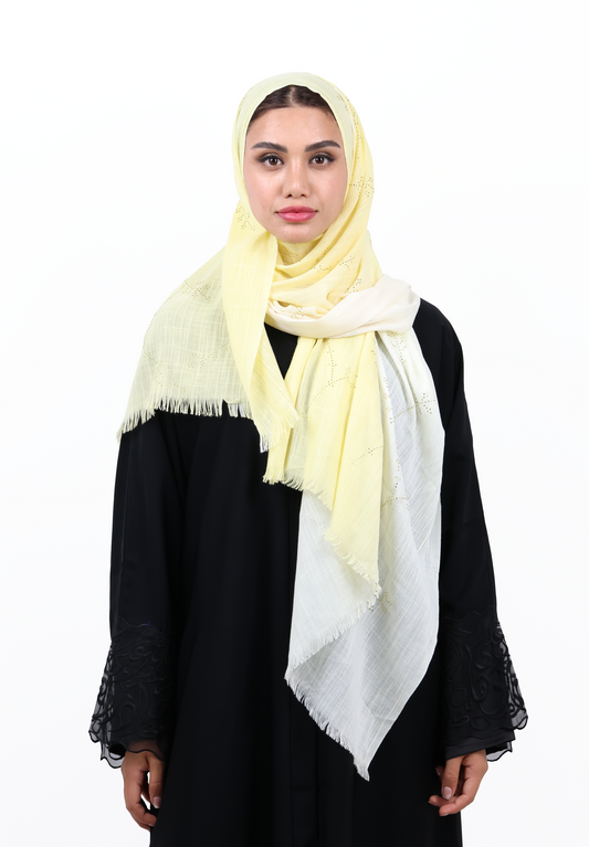 Soft Yellow Ombre Textured Hijab Scarf with Crystal Floral Detailing