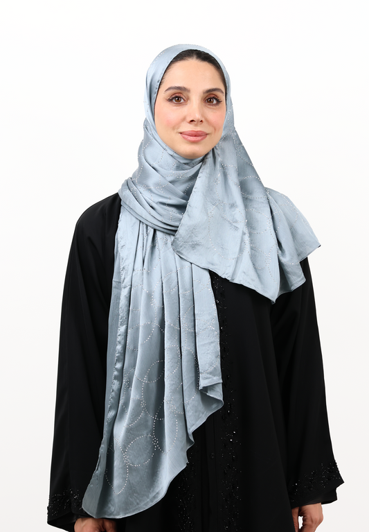 Luxury Muna Satin Embellished Scarf with Strass Detailing (Slate Steel Blue)