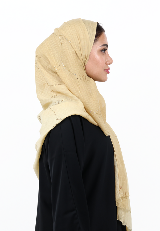 Premium Embellished Slub Cotton Scarf with Vine Crystal Strass (Desert Beige)