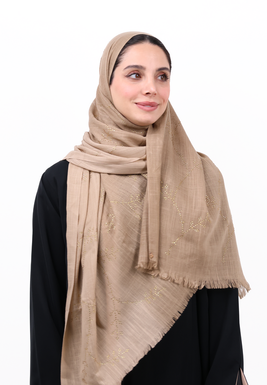Premium Embellished Slub Cotton Scarf with Vine Crystal Strass (Chestnut Brown)