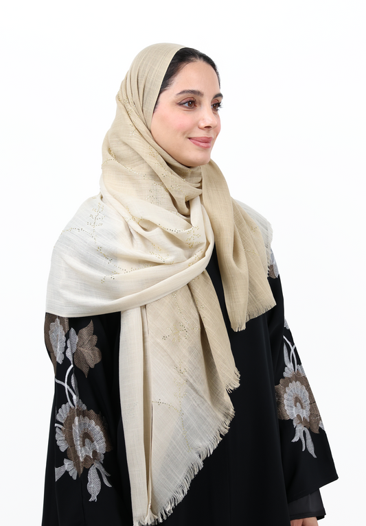 Premium Embellished Slub Cotton Scarf with Vine Crystal Strass (Sand Beige / Soft Taupe)