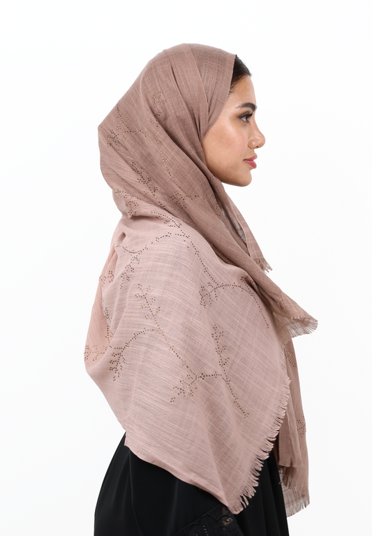 Premium Embellished Slub Cotton Scarf with Vine Crystal Strass (Dusty Brown Rose / Woodrose)