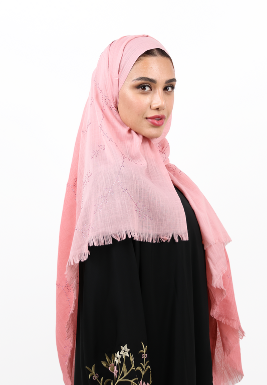 Premium Embellished Slub Cotton Scarf with Vine Crystal Strass (Blush Pink)