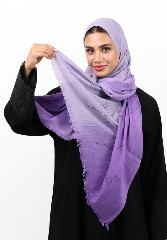 Premium Embellished Slub Cotton Scarf with Vine Crystal Strass (Lavender Purple)