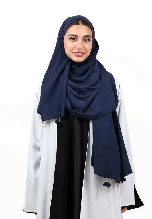 Premium Crinkle Cotton Scarf with Mixed Floral & Pearl Tassels (Navy Blue)