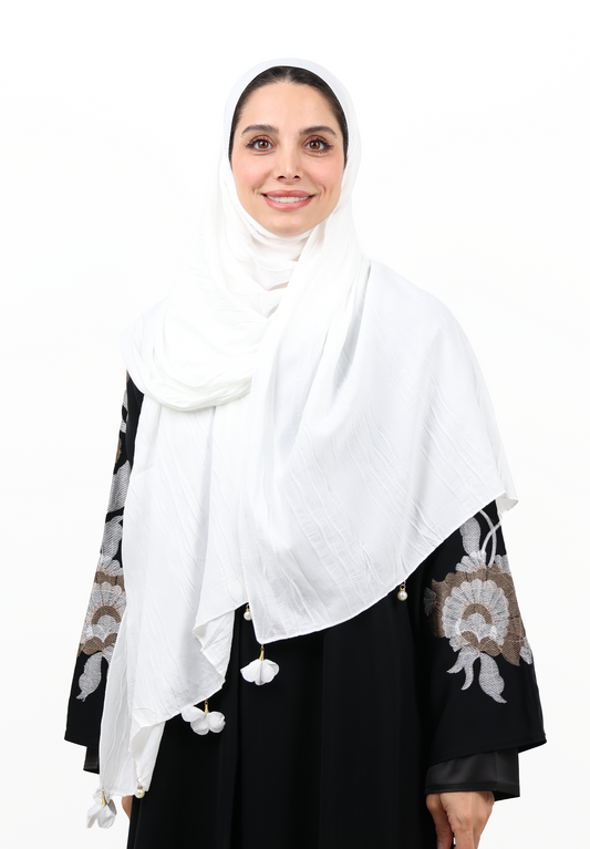Premium Crinkle Cotton Scarf with Mixed Floral & Pearl Tassels (Pure White)