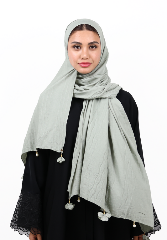 Premium Crinkle Cotton Scarf with Mixed Floral & Pearl Tassels (Sage Green)