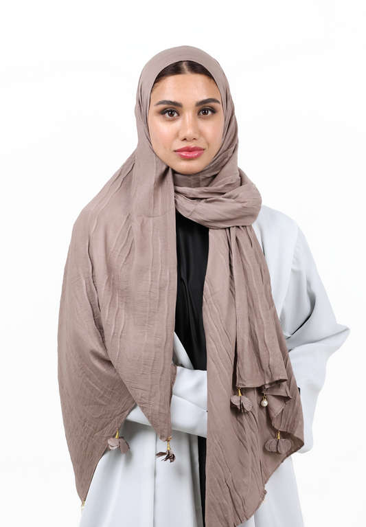 Premium Crinkle Cotton Scarf with Mixed Floral & Pearl Tassels (Mushroom Brown)