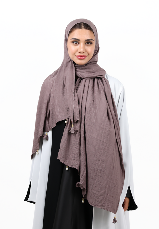 Premium Crinkle Cotton Scarf with Mixed Floral & Pearl Tassels (Muted Mauve)