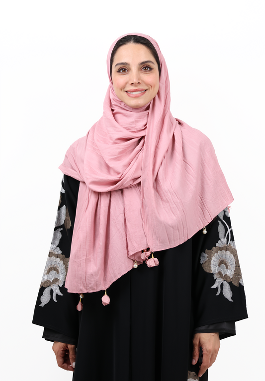 Premium Crinkle Cotton Scarf with Mixed Floral & Pearl Tassels (Dusty Rose)