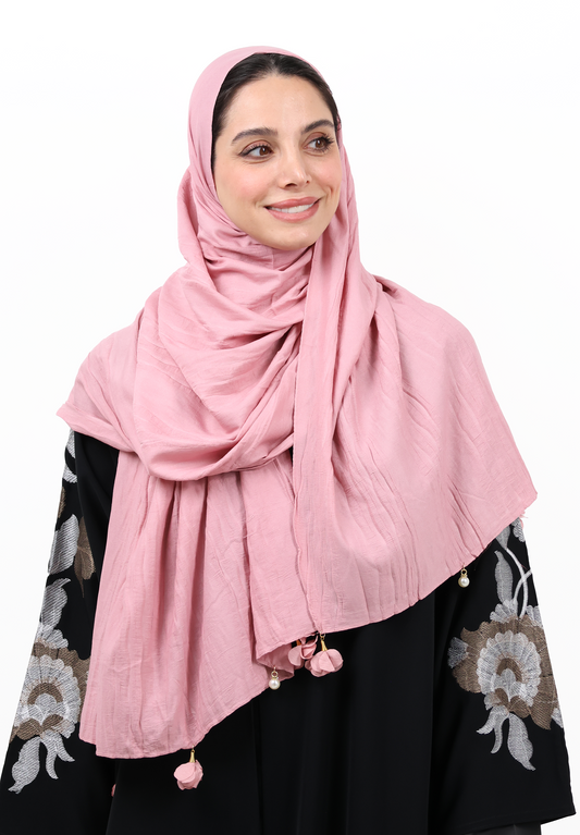 Premium Crinkle Cotton Scarf with Mixed Floral & Pearl Tassels (Dusty Rose)