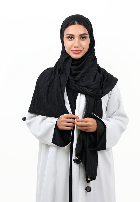 Premium Crinkle Cotton Scarf with Mixed Floral & Pearl Tassels (Midnight Black)