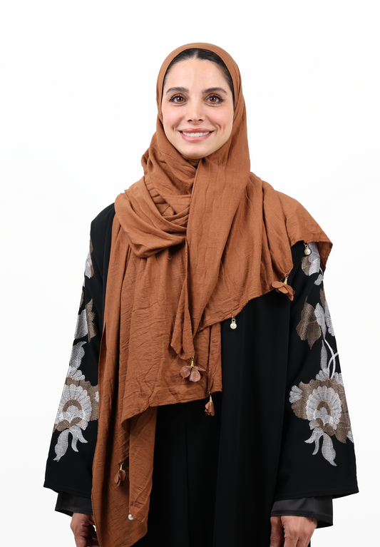 Premium Crinkle Cotton Scarf with Mixed Floral & Pearl Tassels (Rust)