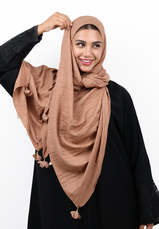 Premium Crinkle Cotton Scarf with Mixed Floral & Pearl Tassels (Soft Terracotta)