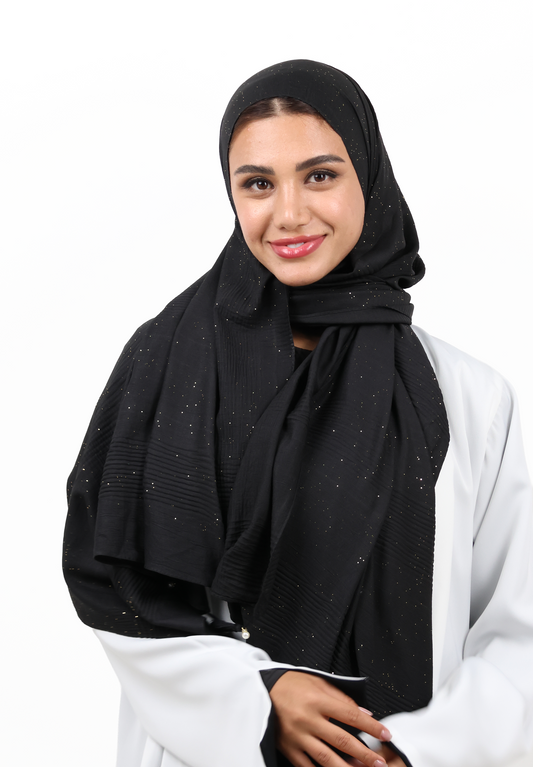 Premium Shimmer Crinkle Cotton Scarf with Thread & Pearl Tassels (Midnight Gold)