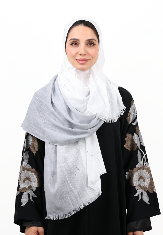 White and Silver Grey Ombre Hijab Scarf with Crystal Floral Detailing