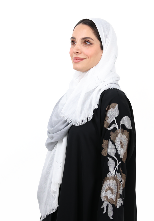 White and Silver Grey Ombre Hijab Scarf with Crystal Floral Detailing