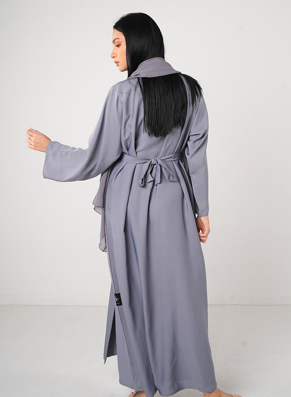 Jameela Light Grey Classic Open Abaya 3pcs Set with Inner Dress, Belt & Matching Hijab – Elegant Modest Fashion