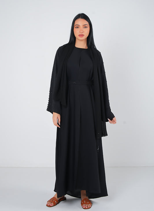 Black Pearl Embellishment Open Abaya 3pcs Set with Inner, Belt & Hijab – Elegant Modesty Fashion