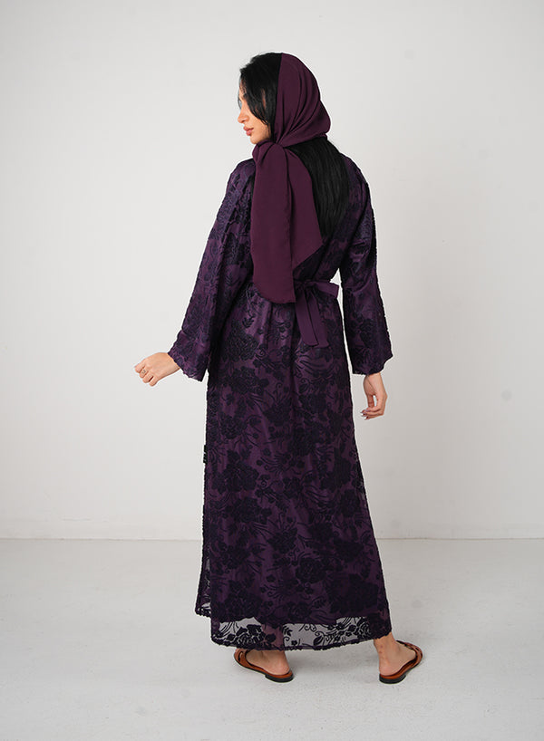 Dark Purple Full Lace Open Abaya with Inner, Belt & Hijab – Elegant Modest Fashion for Women.