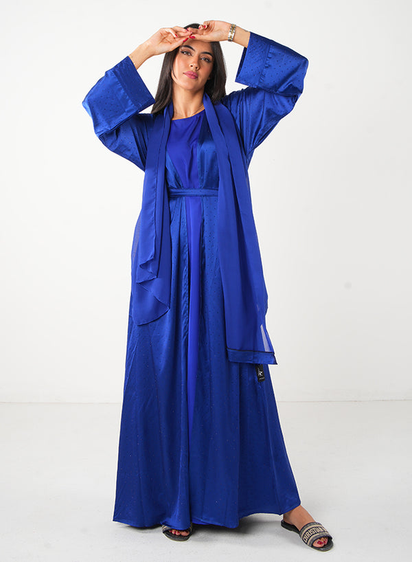 Dark Blue Satin Open Abaya with Stone Embellishments – Elegant Modest Wear (3pcs Set: Inner, Belt & Hijab)