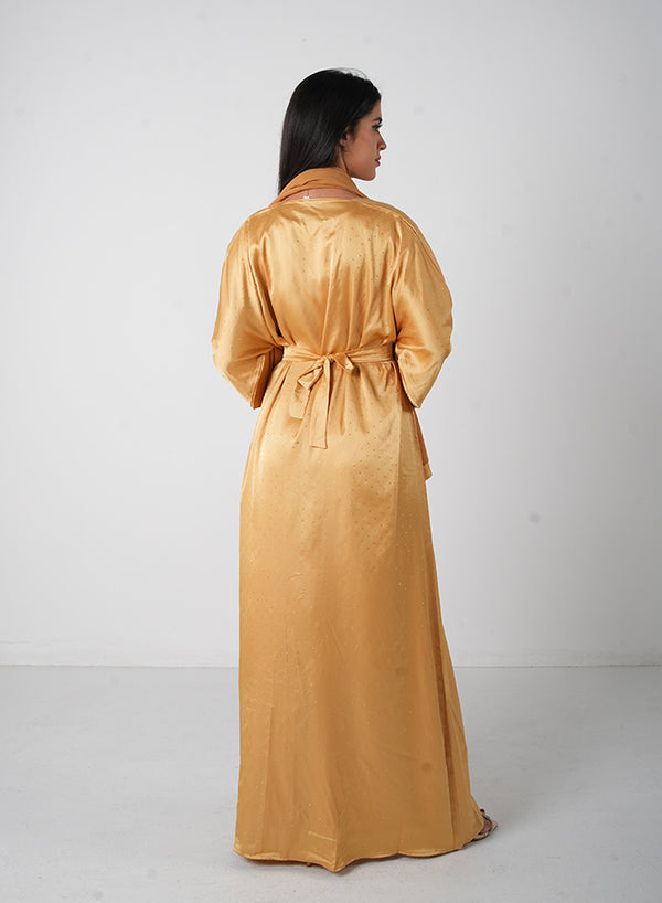 Gold Satin Open Stone Embellishment Abaya (3pcs Set Inner, Belt Hijab