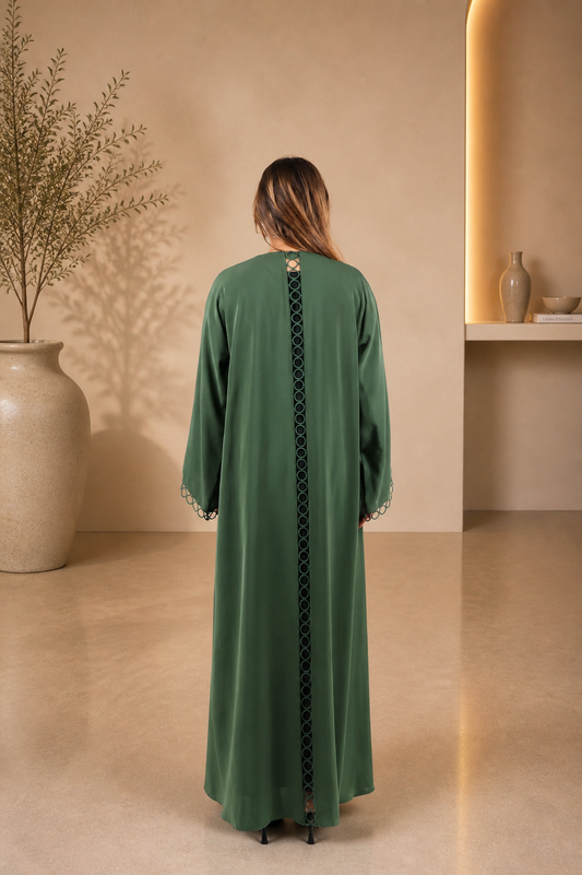Elegant Olive Green Open Abaya with Circular Trim Detail