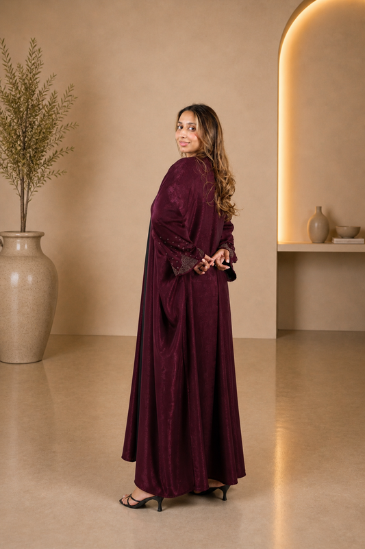 Luxury Maroon Shimmer Open Abaya with Embellished Sleeve Detailing