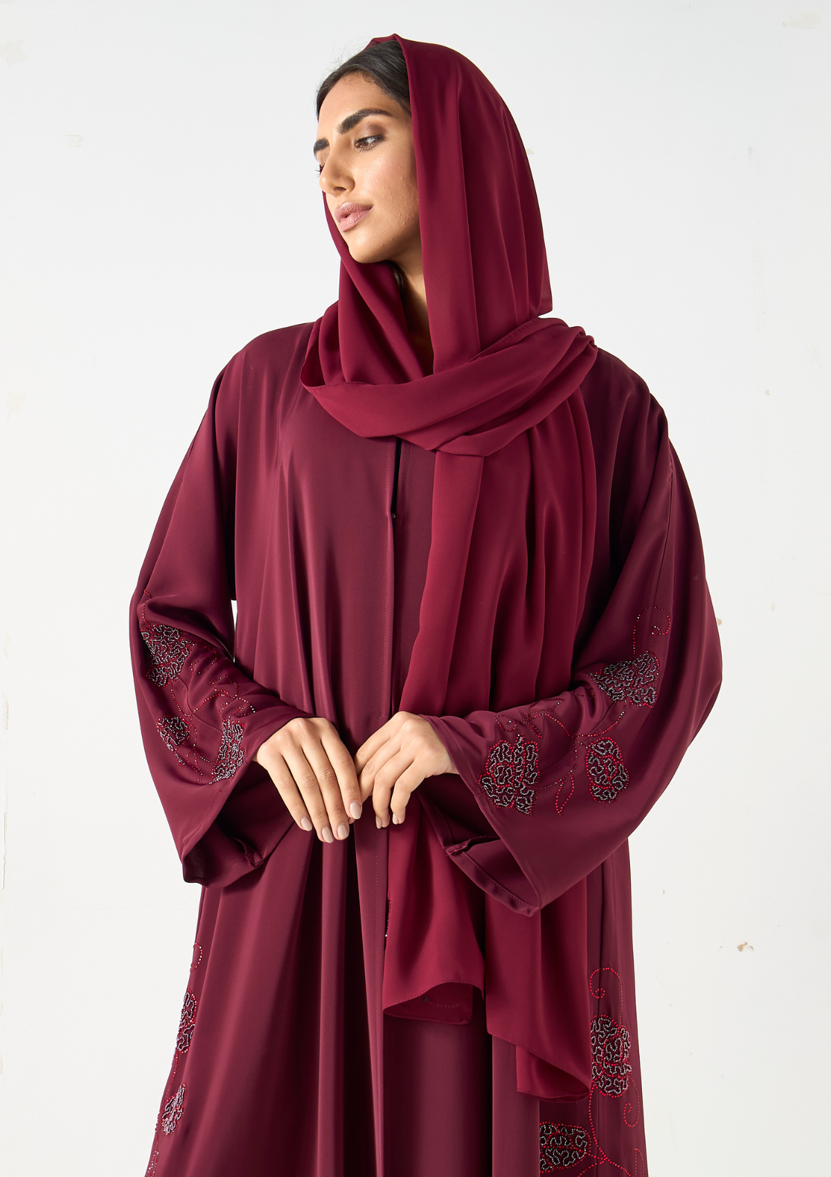 Burgundy Fit and Flare Abaya with Delicate Bead Work