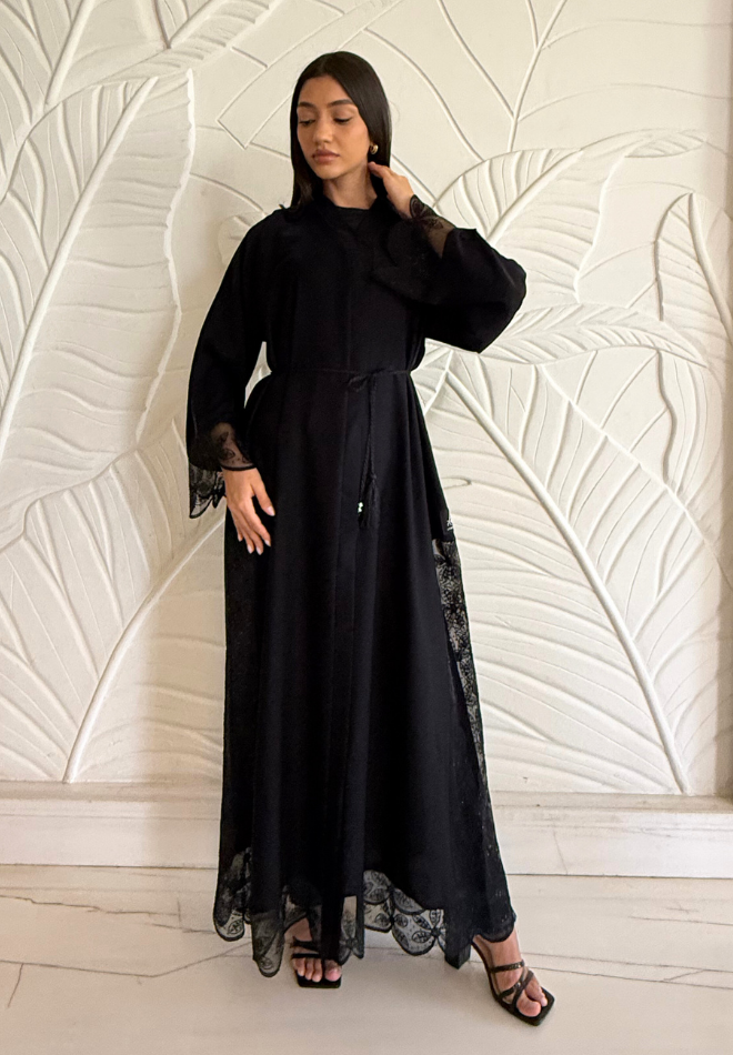 Jameela Jet Black Open Abaya with Floral Lace Sleeves 3pcs Set (Abaya, Inner & Hijab) with Belt – Elegant Modest Fashion for Women