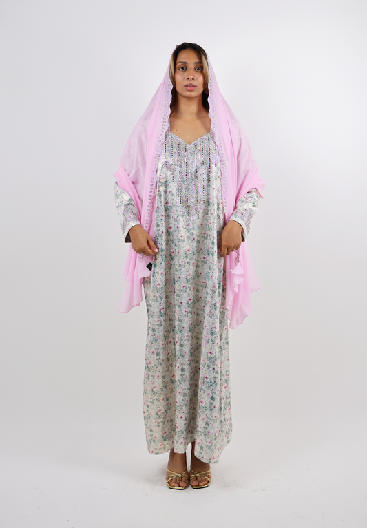 Floral Print Jalabiya with Shimmering Rhinestone Bodice