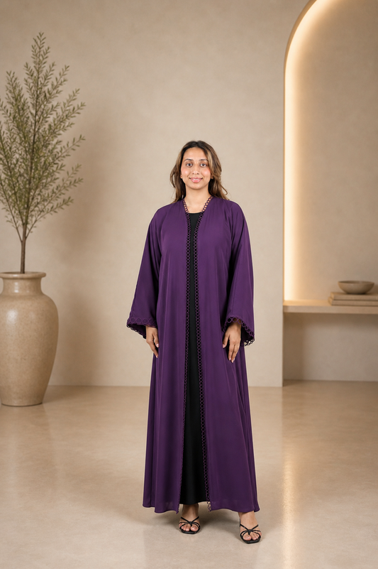 Elegant Purple Open Abaya with Statement Circular Trim Detailing