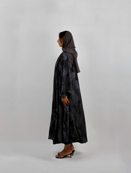 Grey Floral Jacquard Abaya Set with Belt and Scarf