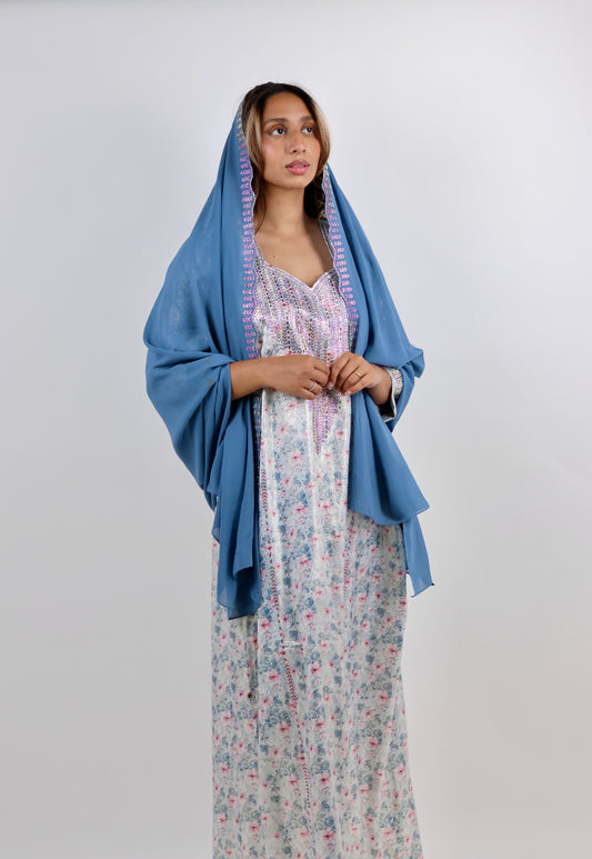 Floral Print Jalabiya with Deep Pink Rhinestone Bodice