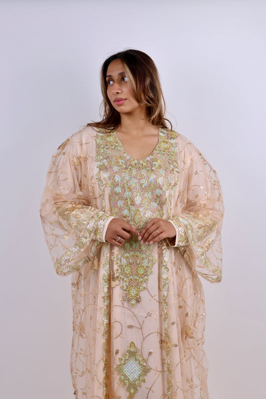 Premium Dual-Layer Beige-Gold Jalabiya with Intricate Metallic Embroidery