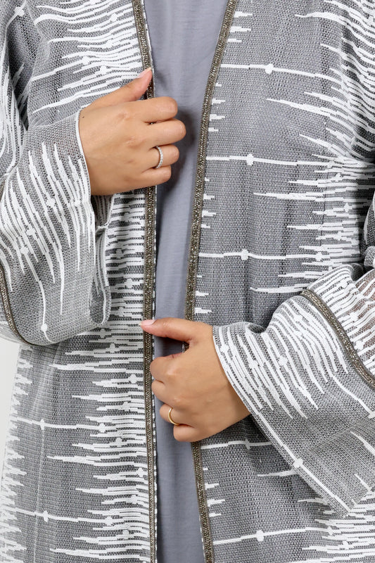 Silver Mist Textured Open Abaya Set | Contemporary Grey Modest Wear for Women