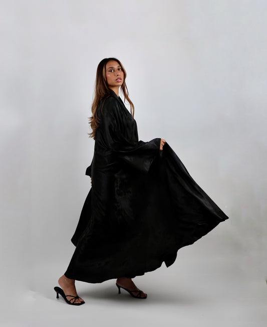 Black Floral Jacquard Abaya Set with Belt and Scarf