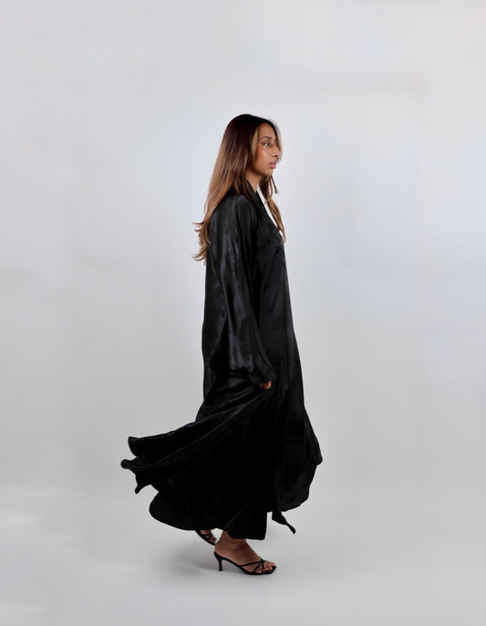Black Floral Jacquard Abaya Set with Belt and Scarf