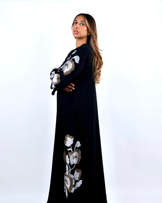 Black Gardenia Rose-Embroidered Abaya