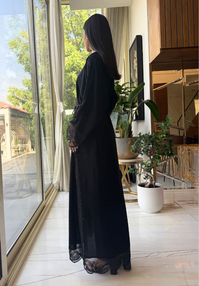 Jameela Jet Black Open Abaya with Floral Lace Sleeves 3pcs Set (Abaya, Inner & Hijab) with Belt – Elegant Modest Fashion for Women